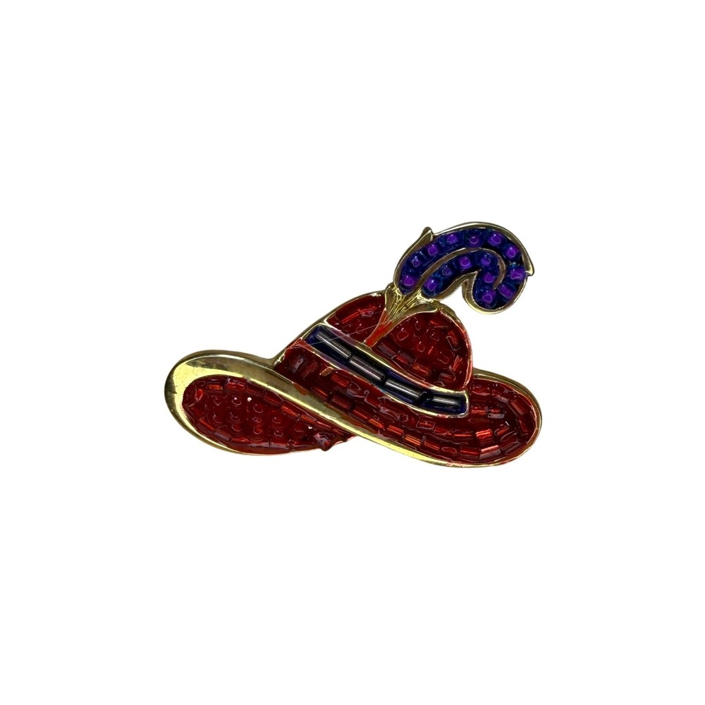 Vintage Style Beaded Red Hat Society Purple Feather Brooch Gold Tone Novelty